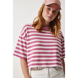 Happiness İstanbul Women's Pale Pink Crew Neck Striped Crop Knitted T-Shirt obraz