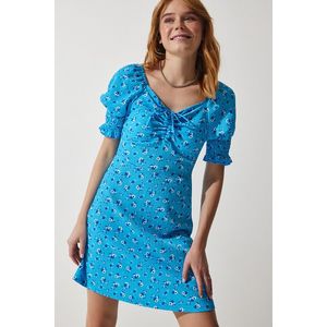 Happiness İstanbul Women's Light Blue Gathered V-Neck Patterned Knitted Dress obraz