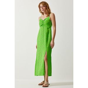 Happiness İstanbul Women's Peanut Green Strappy Patterned Viscose Dress obraz