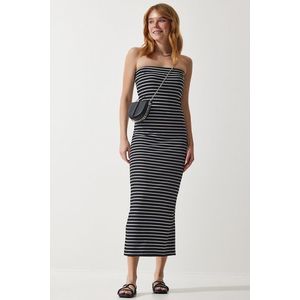 Happiness İstanbul Women's Black Striped Strapless Collar Ribbed Summer Knitted Dress obraz