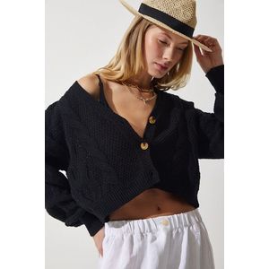 Happiness İstanbul Women's Black Motif Buttoned Crop Knitwear Cardigan obraz