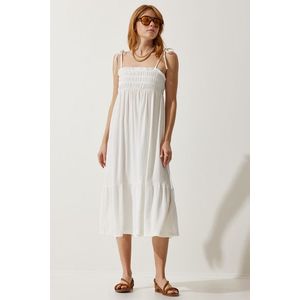 Happiness İstanbul Women's White Strappy Crinkle Summer Knitted Dress obraz