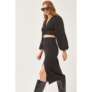 Olalook Women's Black Slit Skirt Knitted Suit obraz