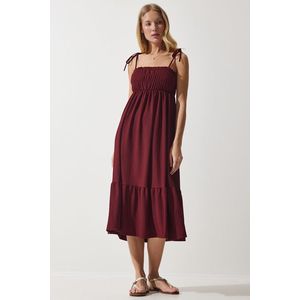 Happiness İstanbul Women's Burgundy Strappy Crinkle Summer Knitted Dress obraz