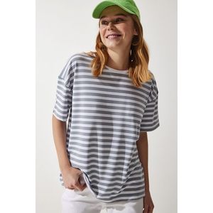 Happiness İstanbul Women's Gray Crew Neck Striped Oversize Knitted T-Shirt obraz