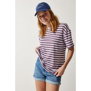 Happiness İstanbul Women's Lilac Crew Neck Striped Oversize Knitted T-Shirt obraz