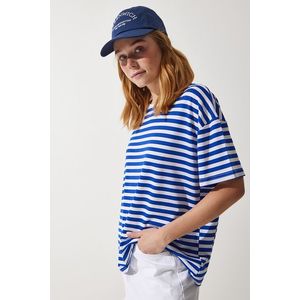Happiness İstanbul Women's Blue Crew Neck Striped Oversize Knitted T-Shirt obraz