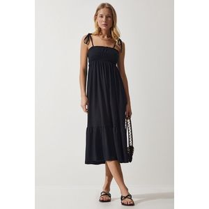 Happiness İstanbul Women's Black Strappy Crinkle Summer Knitted Dress obraz