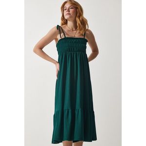 Happiness İstanbul Women's Emerald Green Strappy Crinkle Summer Knitted Dress obraz