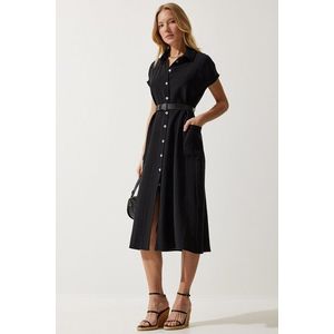 Happiness İstanbul Women's Black Belted Woven Dress obraz