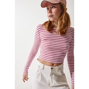Happiness İstanbul Women's Pale Pink Crew Neck Striped Crop Knitted Blouse obraz