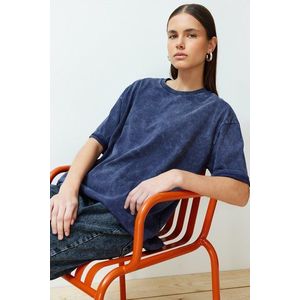 Trendyol Navy Blue Faded Effect 100% Cotton Premium Oversize/Wide Knit T-Shirt obraz