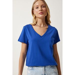 Happiness İstanbul Women's Blue V Neck Basic Knitted T-Shirt obraz