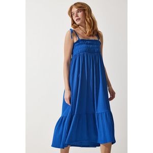 Happiness İstanbul Women's Blue Strappy Crinkle Summer Knitted Dress obraz
