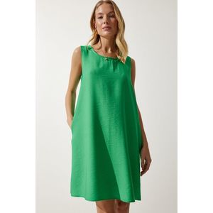 Happiness İstanbul Women's Dark Green Sleeveless Linen Viscose A-Line Dress obraz
