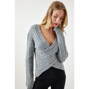 Happiness İstanbul Women's Gray Wrapover Neck Seasonal Knitwear Sweater obraz