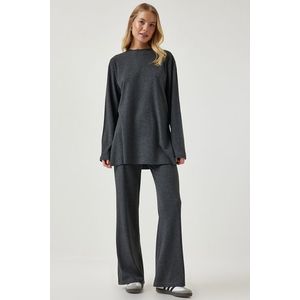 Happiness İstanbul Women's Anthracite Ribbed Knitted Blouse Pants Suit obraz