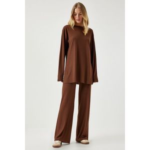 Happiness İstanbul Women's Brown Ribbed Knitted Blouse Pants Suit obraz