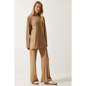 Happiness İstanbul Women's Biscuit Ribbed Knitted Blouse Pants Suit obraz