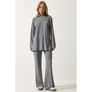 Happiness İstanbul Women's Gray Ribbed Knitted Blouse Pants Suit obraz