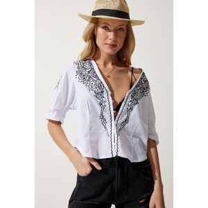 Happiness İstanbul Women's White Embroidered Balloon Sleeve Linen Blouse obraz