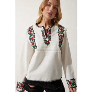 Happiness İstanbul Women's Cream Floral Embroidered Scalloped Linen Blouse obraz