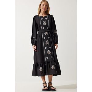 Happiness İstanbul Women's Black Embroidered Linen Surface Long Woven Dress obraz