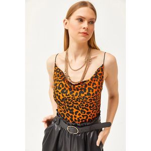 Olalook Women's Leopard Orange Turndown Collar Rope Strappy Blouse obraz