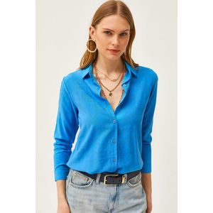 Olalook Women's Floral Blue Jacquard Satin Detail Woven Shirt obraz