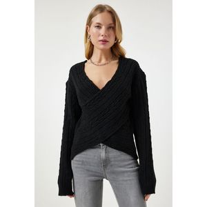 Happiness İstanbul Women's Black Wrapover Neck Seasonal Knitwear Sweater obraz