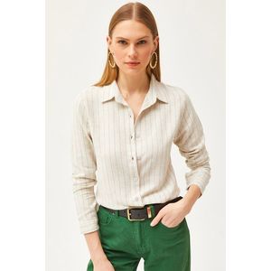Olalook Women's Stone Green Striped Linen Shirt obraz