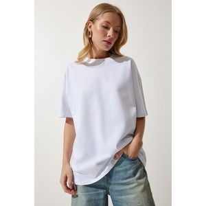 Happiness İstanbul Women's White Crew Neck Basic Oversize Knitted T-Shirt obraz