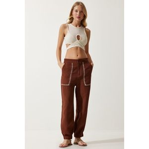 Happiness İstanbul Women's Brown Embroidery Detail Muslin Trousers obraz