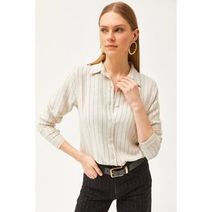 Olalook Women's Stone Black Striped Linen Shirt obraz