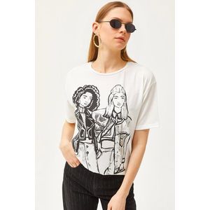 Olalook Women's Ecru Foil Detail Flowy T-Shirt obraz