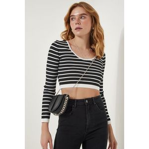 Happiness İstanbul Women's Black Striped Ribbed Crop Knitwear Blouse obraz