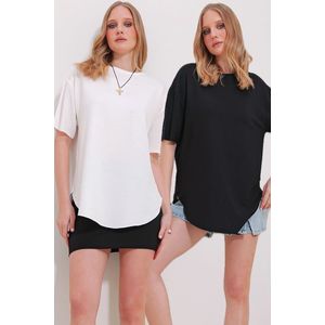 Trend Alaçatı Stili Women's Black and White Crew Neck 2-Pack Oval Cut Modal T-Shirt obraz