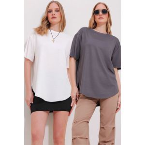 Trend Alaçatı Stili Women's White Anthracite Crew Neck 2-Pack Oval Cut Modal T-Shirt obraz