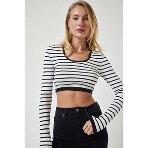 Happiness İstanbul Women's White Striped Ribbed Crop Knitwear Blouse obraz