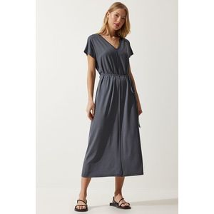 Happiness İstanbul Women's Anthracite Belted V Neck Viscose Dress obraz