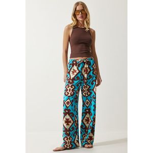 Happiness İstanbul Women's Turquoise Patterned Raw Linen Palazzo Trousers obraz