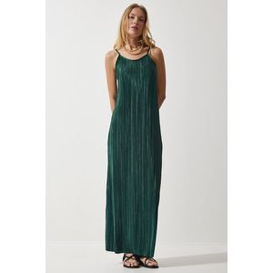 Happiness İstanbul Women's Emerald Green Strappy Summer Pleated Dress obraz