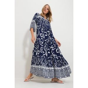 Trend Alaçatı Stili Women's Navy Blue Front Laced Patterned Woven Viscose Dress obraz