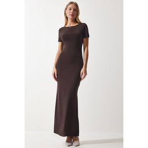 Happiness İstanbul Women's Brown Decollete Long Sandy Knitted Dress obraz