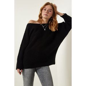 Happiness İstanbul Women's Black Boat Neck Seasonal Oversize Knitwear Sweater obraz