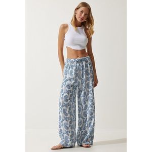 Happiness İstanbul Women's White Light Blue Patterned Raw Linen Palazzo Trousers obraz
