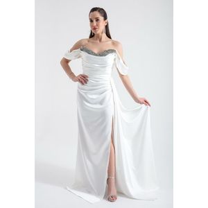 Lafaba Women's White Boat Neck Slit Long Satin Evening Dress obraz