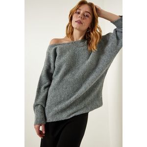 Happiness İstanbul Women's Gray Boat Neck Seasonal Oversize Knitwear Sweater obraz