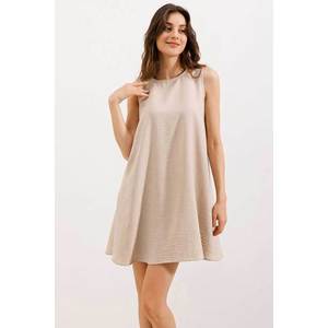 Bigdart 2444 Detailed Mini Linen Dress - Beige obraz