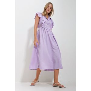 Trend Alaçatı Stili Women's Lilac Shirt Collar Half Pop Ruffle Detail Hidden Zipper Midi Length Dress obraz